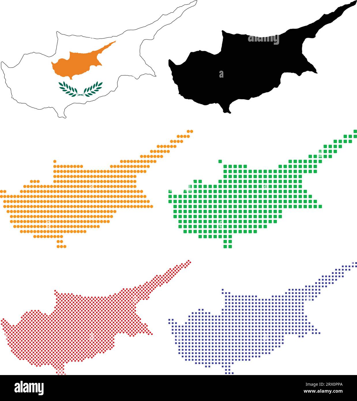 Carte de pays d'illustration vectorielle éditable en couches de Chypre, qui contient deux versions, la version de drapeau de pays coloré et la version de silhouette noire. Illustration de Vecteur