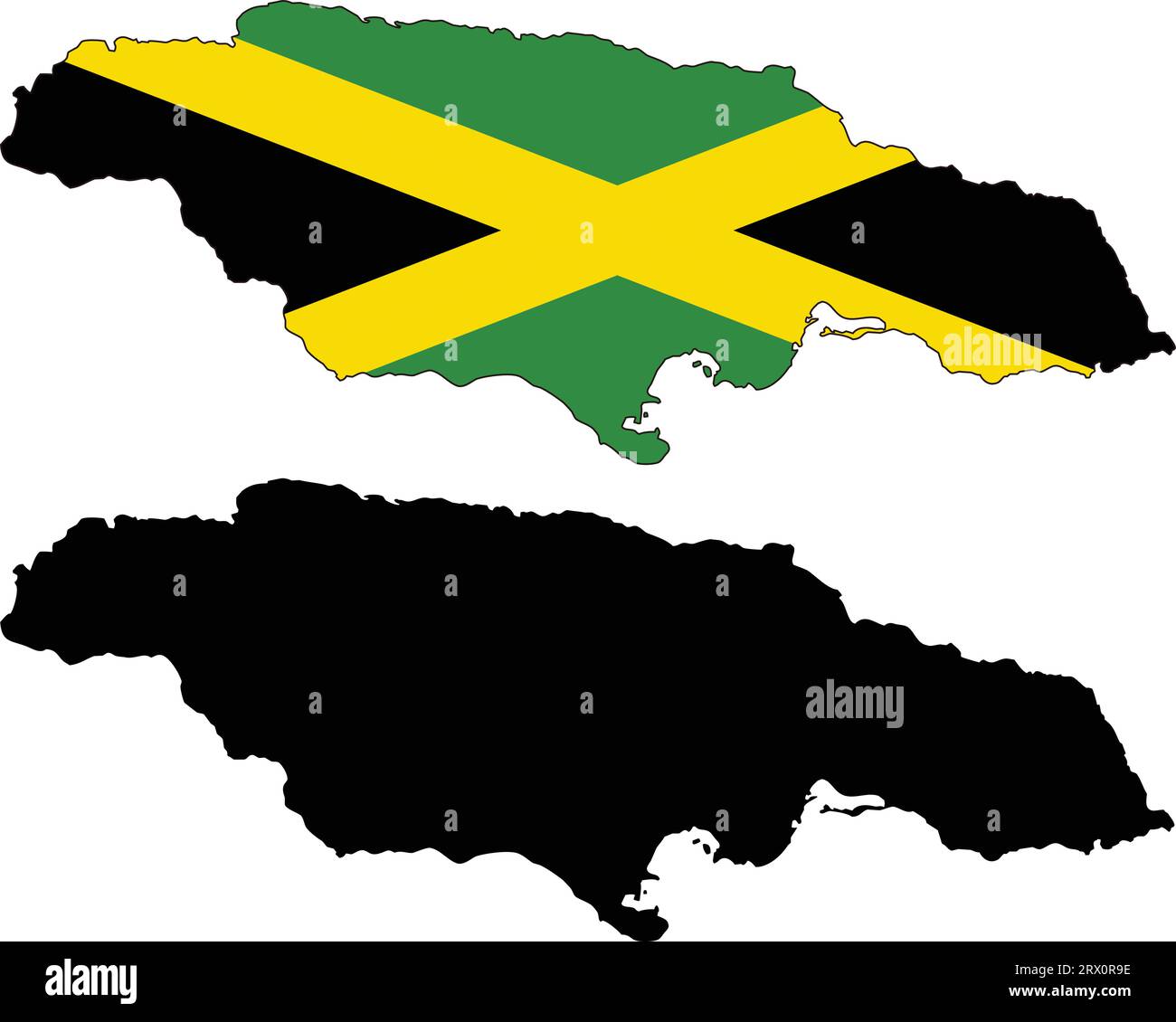 Carte de pays d'illustration vectorielle éditable en couches de la Jamaïque, qui contient deux versions, la version de drapeau de pays coloré et la version de silhouette noire. Illustration de Vecteur