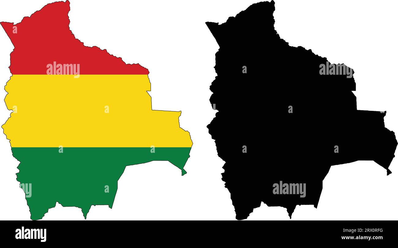 Carte de pays d'illustration vectorielle éditable en couches de la Bolivie, qui contient deux versions, la version de drapeau de pays coloré et la version de silhouette noire. Illustration de Vecteur