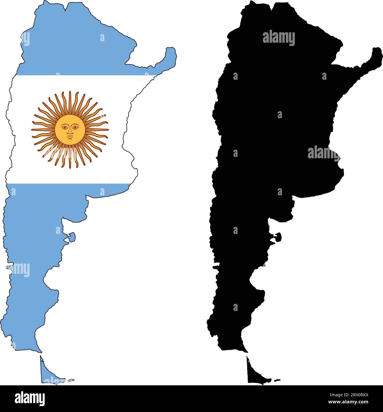 Carte de pays d'illustration vectorielle éditable en couches de l'Argentine, qui contient deux versions, la version de drapeau de pays coloré et la version de silhouette noire. Illustration de Vecteur