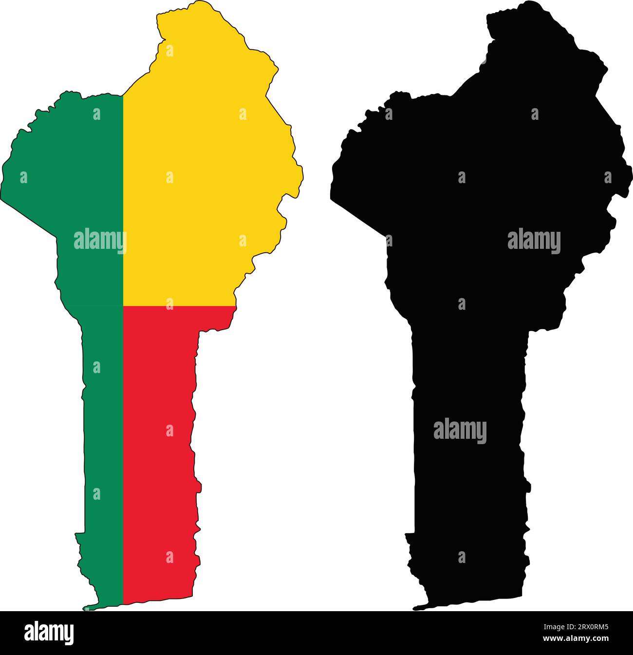 Carte de pays d'illustration vectorielle éditable en couches du Bénin, qui contient deux versions, la version de drapeau de pays coloré et la version de silhouette noire. Illustration de Vecteur