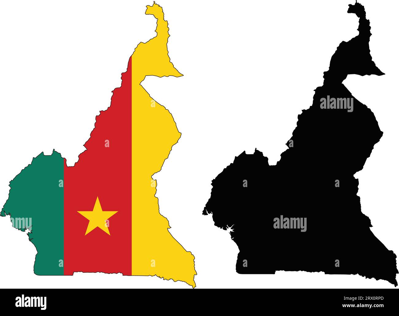 Carte de pays d'illustration vectorielle éditable en couches du Cameroun, qui contient deux versions, la version de drapeau de pays coloré et la version de silhouette noire. Illustration de Vecteur