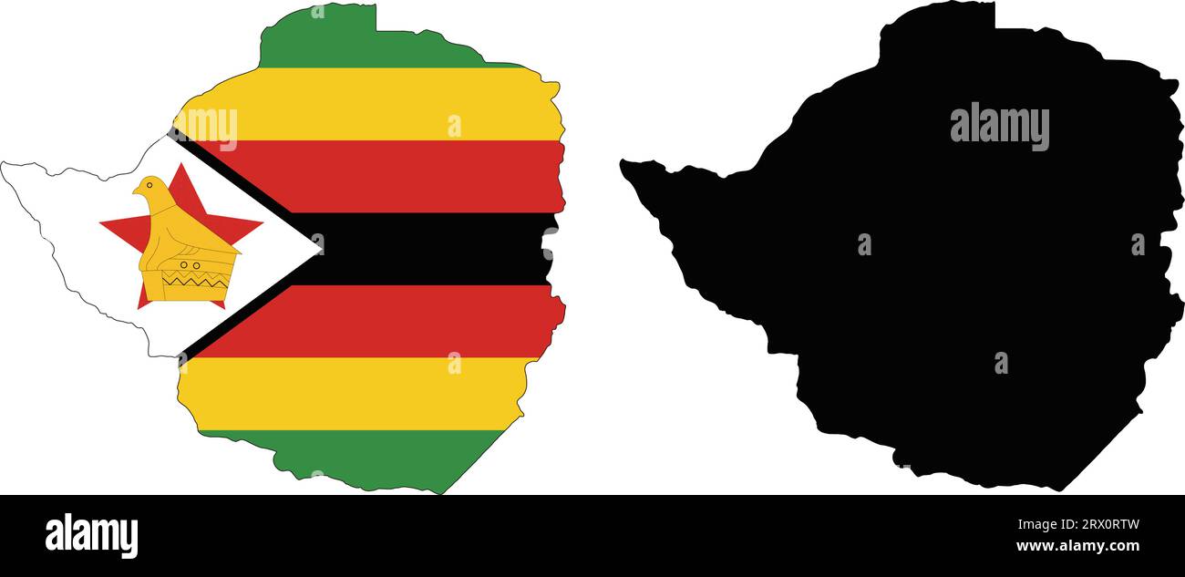 Carte de pays d'illustration vectorielle éditable en couches du Zimbabwe, qui contient deux versions, la version de drapeau de pays coloré et la version de silhouette noire. Illustration de Vecteur