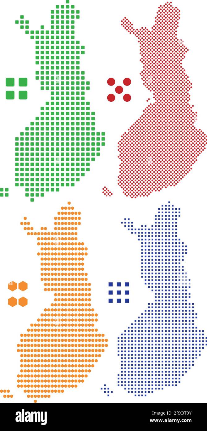 Carte de pays d'illustration vectorielle éditable en couches de la Finlande, qui contient la version de drapeau de pays coloré, la version de silhouette noire et le pixel defferent Illustration de Vecteur