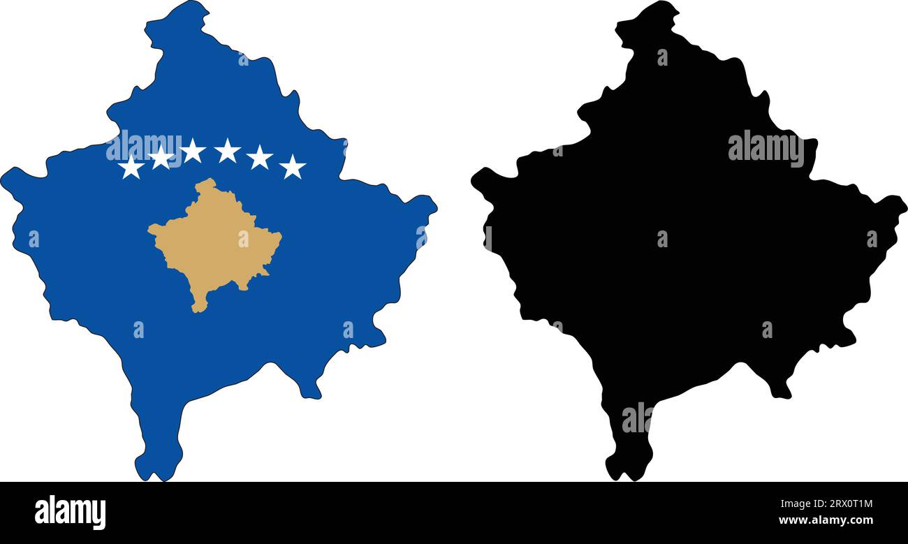 Carte de pays d'illustration vectorielle éditable en couches du Kosovo, qui contient deux versions, la version de drapeau de pays coloré et la version de silhouette noire. Illustration de Vecteur