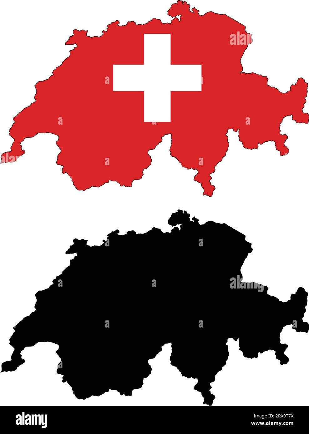 Carte de pays d'illustration vectorielle éditable en couches de la Suisse, qui contient deux versions, version de drapeau de pays coloré et version de silhouette noire Illustration de Vecteur