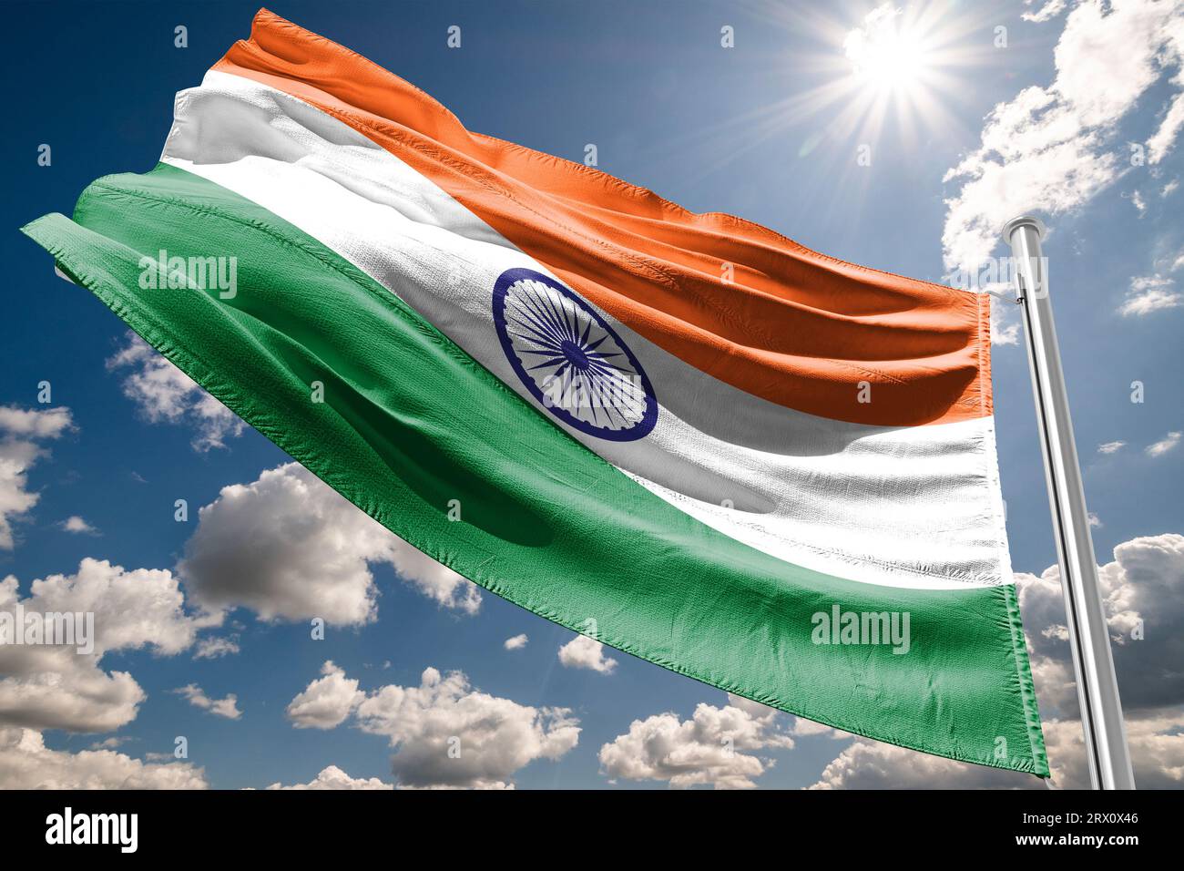 Drapeau de la République de l'Inde dans le vent sur mât, Banque D'Images