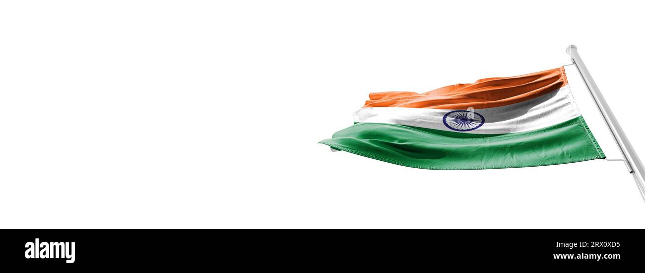 Drapeau de la République de l'Inde dans le vent sur mât, Banque D'Images