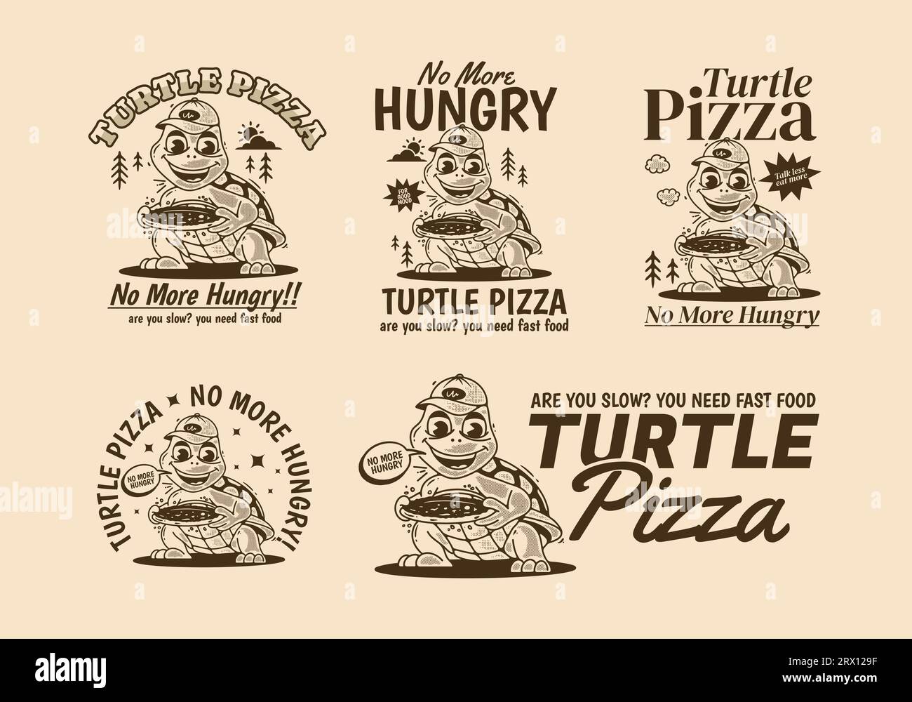 Pizza Turtle, No More Hungry, Mascot illustration de personnage d'une tortue tenant une pizza Illustration de Vecteur