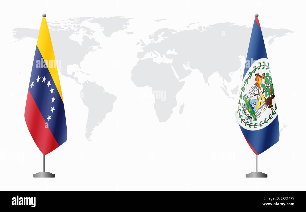 Drapeaux du Venezuela et du Belize pour la réunion officielle sur fond de carte du monde. Illustration de Vecteur