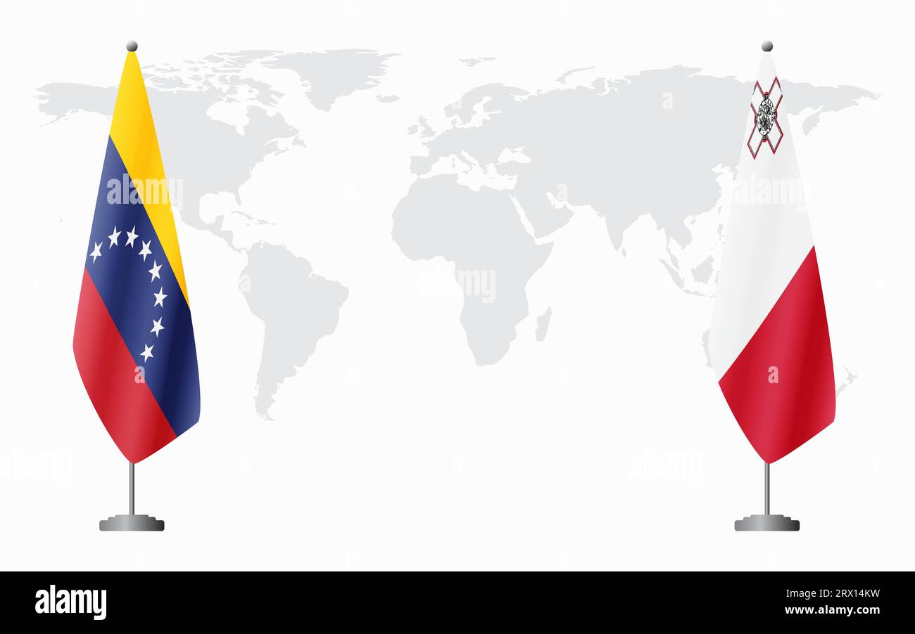 Drapeaux du Venezuela et de Malte pour la réunion officielle sur fond de carte du monde. Illustration de Vecteur