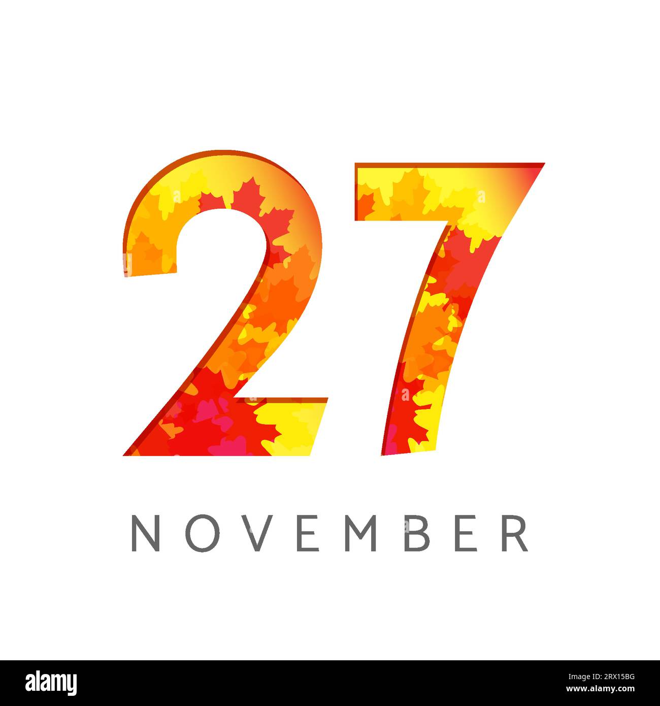Numéros civils du 27 novembre. logotype d'automne vieux de 27 ans. Chiffres anniversaire avec feuilles. Modèle de conception graphique abstrait isolé. Illustration de Vecteur