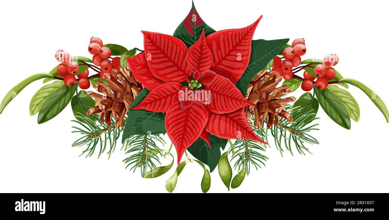 Décoration de Noël. Bouquet avec fleur de poinsettia rouge, GUI, baies et sapin. Illustration de Vecteur