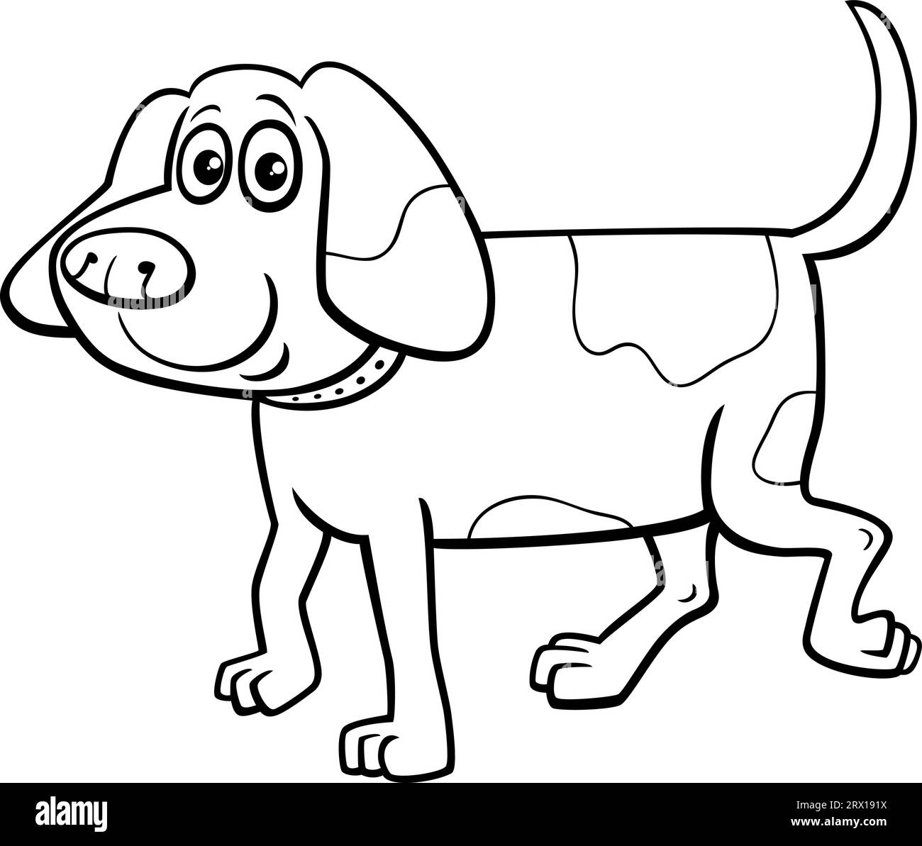 Illustration de dessin animé noir et blanc du personnage animal comique drôle de chien tacheté sur la page de coloriage de marche Illustration de Vecteur