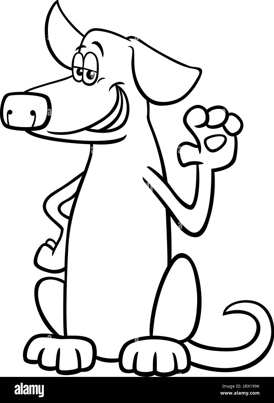Illustration de dessin animé noir et blanc de chien brun assis personnage animal comique agitant sa patte page à colorier Illustration de Vecteur