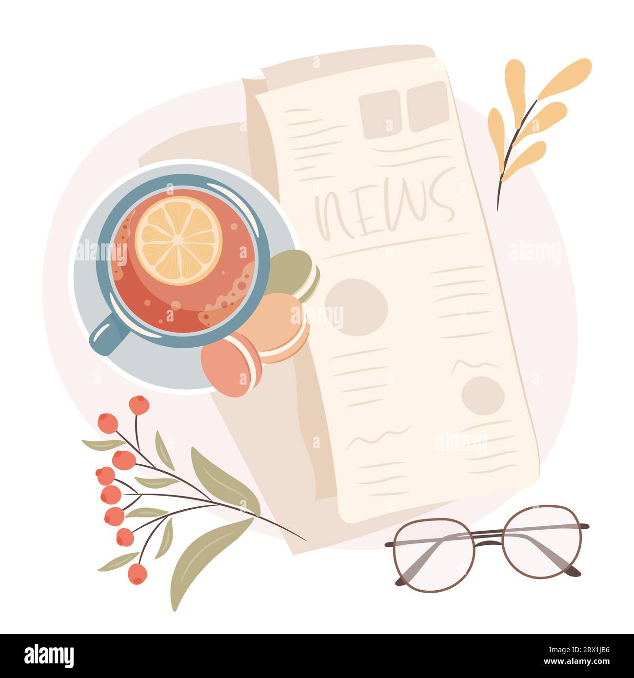 Journal du matin. Thé au citron chaud avec biscuits. Concept confortable de journées de travail d'automne. Illustration de Vecteur