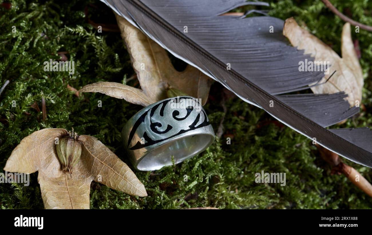 Bague gothique en argent avec des symboles, une plume et des feuilles sèches sur mousse. Banque D'Images