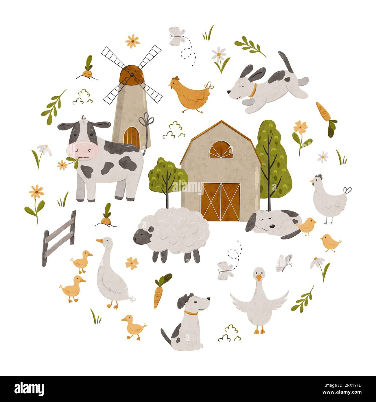 Composition ronde avec des animaux de ferme. Modèle de carte de pays rural ou conception de marché local pour bannières, invitations. Jolie illustration de campagne avec Banque D'Images