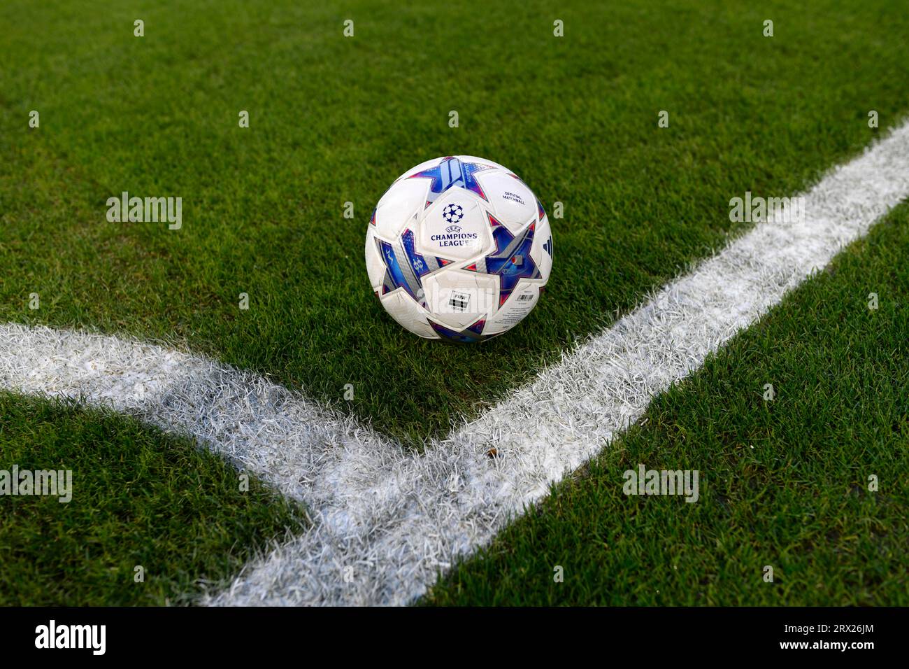 Adidas UEFA Champions League Pro Match ball, logo, sur gazon, drapeau de coin, Allianz Arena, Munich, Bayern, Allemagne Banque D'Images