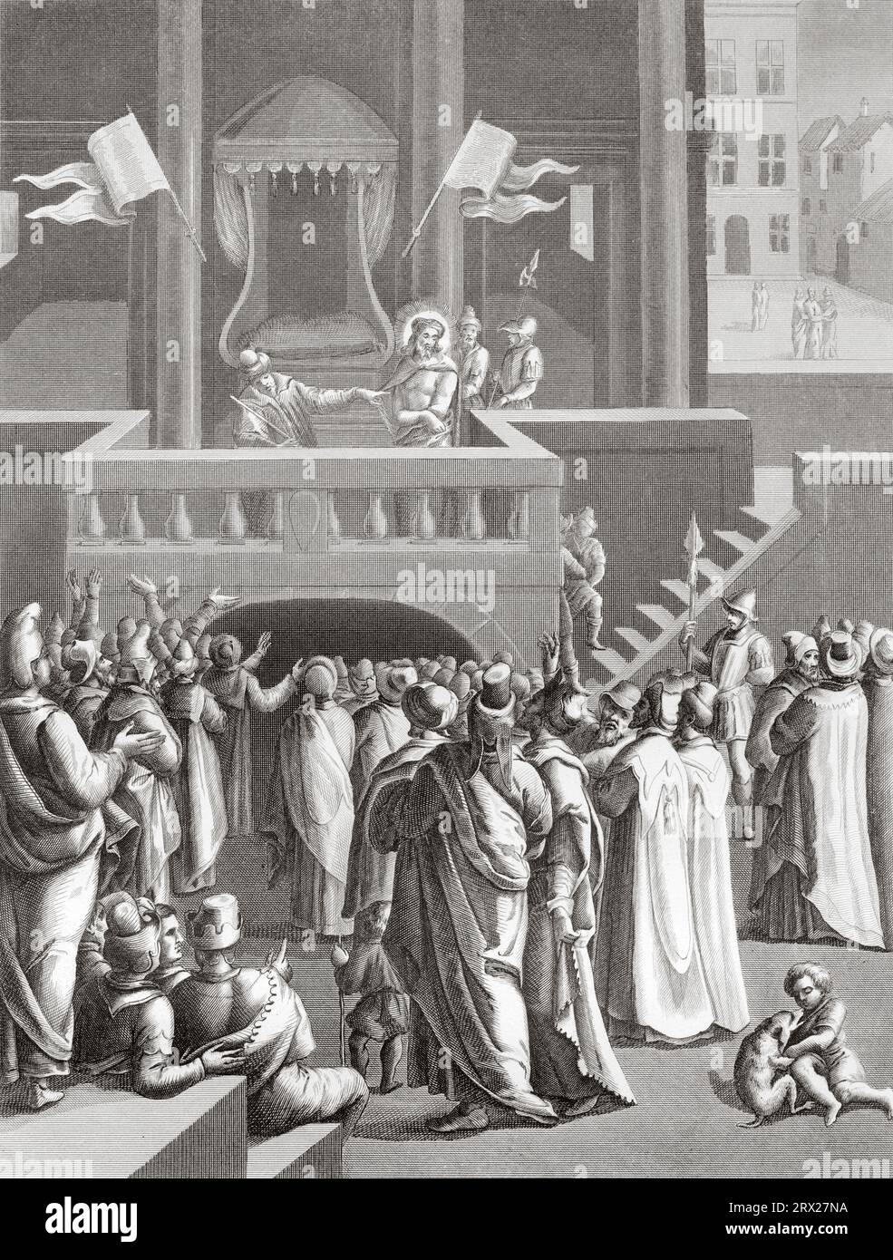 Ponce Pilate présente Jésus-Christ avec des épines à la foule en disant que voici l'Homme Illustration de la vie de notre Seigneur Jésus Christ écrite par les quatre évangélistes, 1853 Banque D'Images