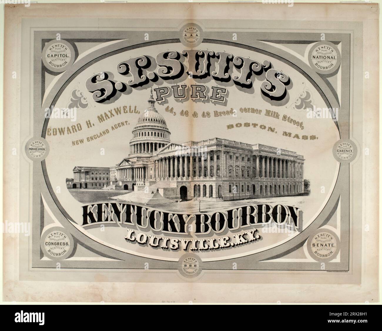 Lithographie, publicité pour 'S.T. suitt's Pure Kentucky Bouron'. DL*60.3077. Collection Peters Prints. Banque D'Images