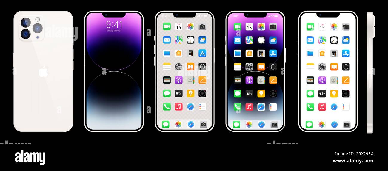 Nouvel iPhone 15 blanc. Apple inc. Smartphone avec ios 15. Écran verrouillé, page de navigation du téléphone, page d'accueil avec 47 applications populaires. Fond noir. Éditeur Illustration de Vecteur