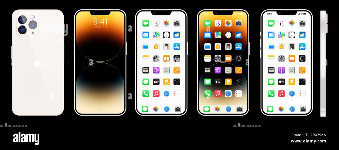 Nouvel iPhone 15 blanc. Apple inc. Smartphone avec ios 15. Écran verrouillé, page de navigation du téléphone, page d'accueil avec 47 applications populaires. Fond noir. Éditeur Illustration de Vecteur
