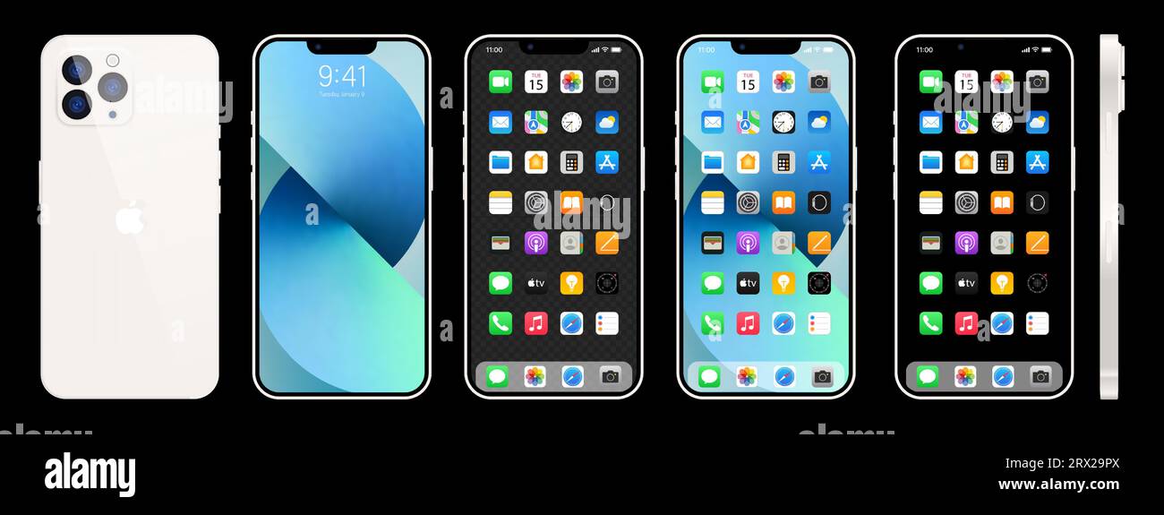 Nouvel iPhone 15 blanc. Apple inc. Smartphone avec ios 15. Écran verrouillé, page de navigation du téléphone, page d'accueil avec 47 applications populaires. Fond noir. Éditeur Illustration de Vecteur