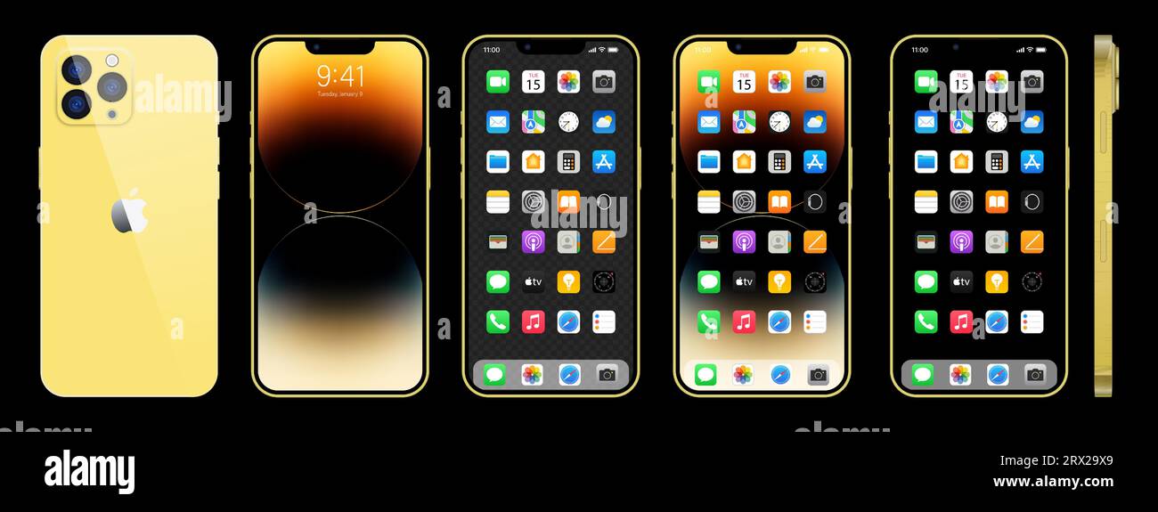 Nouvel iPhone 15 doré. Apple inc. Smartphone avec ios 15. Écran verrouillé, page de navigation du téléphone, page d'accueil avec 47 applications populaires. Fond noir. Editori Illustration de Vecteur
