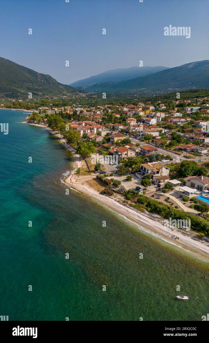 Vue aérienne de Sami, Céphalonie, îles Ioniennes, îles grecques, Grèce, Europe Banque D'Images