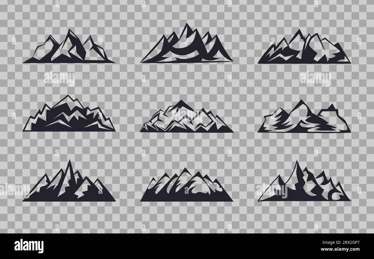 Set Mountains Peaks, ski logo design éléments collection d'icônes isolé sur fond transparent. Illustration vectorielle enquête sur les accidents, randonnée, Illustration de Vecteur