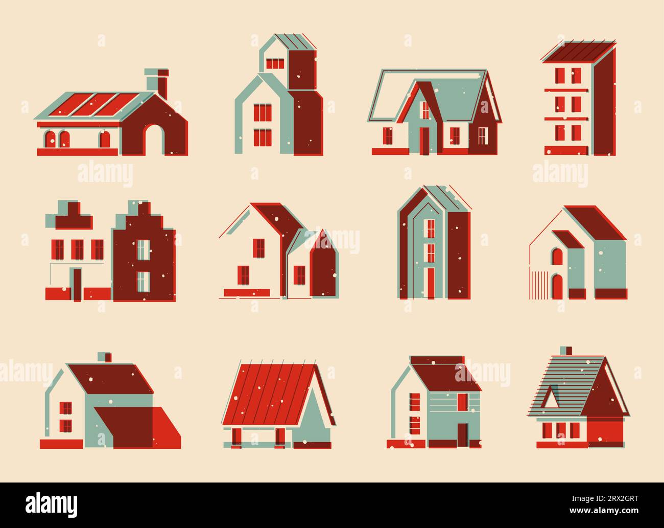 Maisons d'impression Riso. Dessins animés bâtiments résidentiels mignons, domaine urbain et maisons de ville, architecture colorée vintage. Ensemble isolé de vecteur. Propriétés domestiques extérieures, bloc d'appartements Illustration de Vecteur