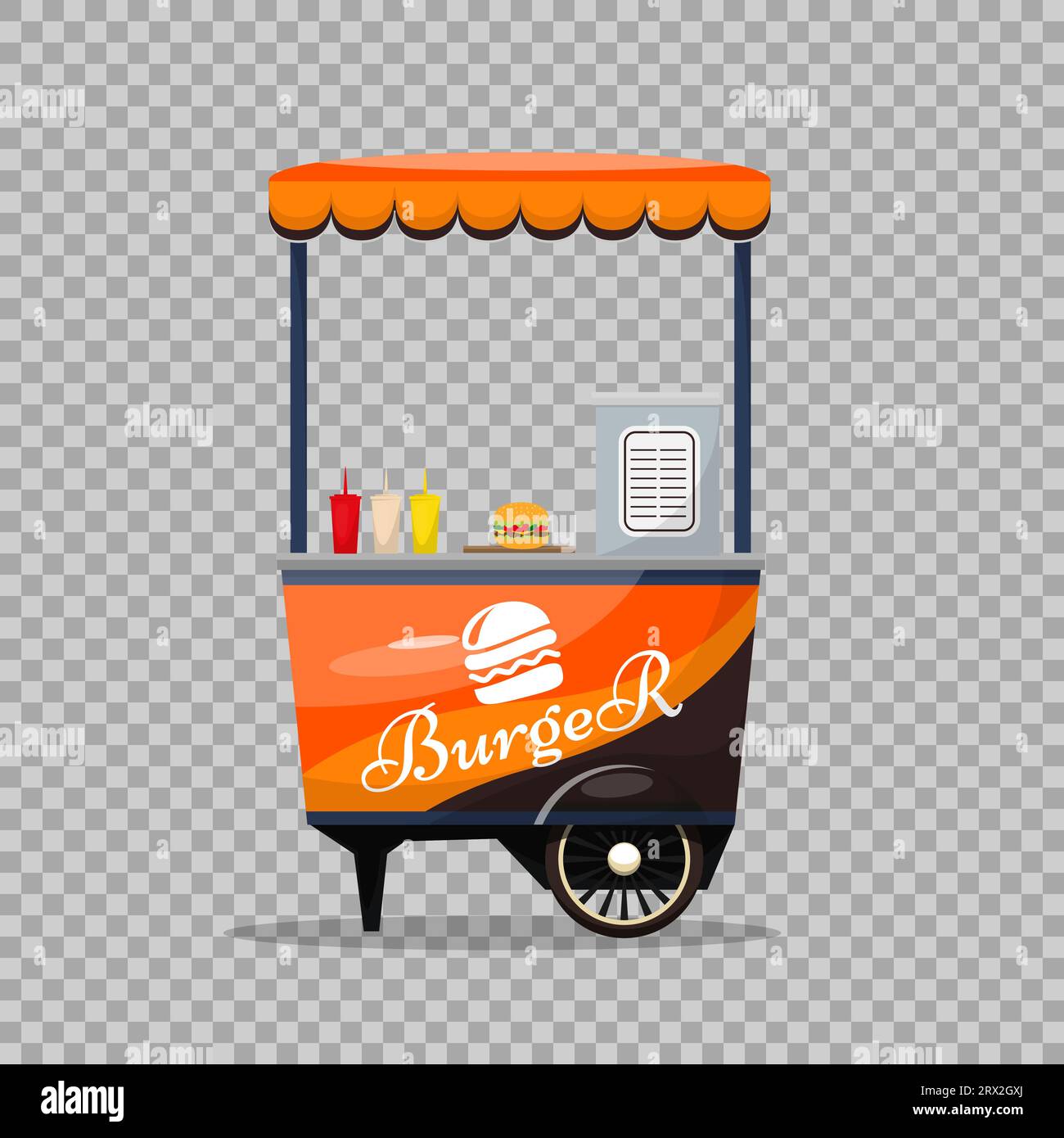 Carte de restauration rapide Burger isolée, kiosque sur roues, vente au détail, petit déjeuner rapide, déjeuner, Illustration et illustration du vecteur de style plat. Sandwich, un café Illustration de Vecteur