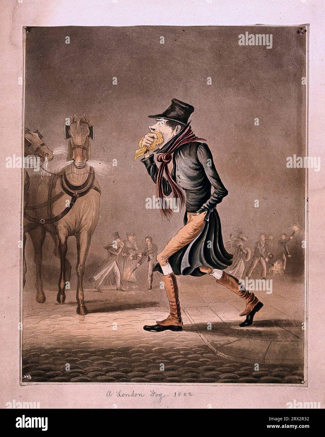 Un homme couvrant sa bouche avec un mouchoir marchant dans une rue brumeuse de Londres, aquatinte colorée 1802 Banque D'Images