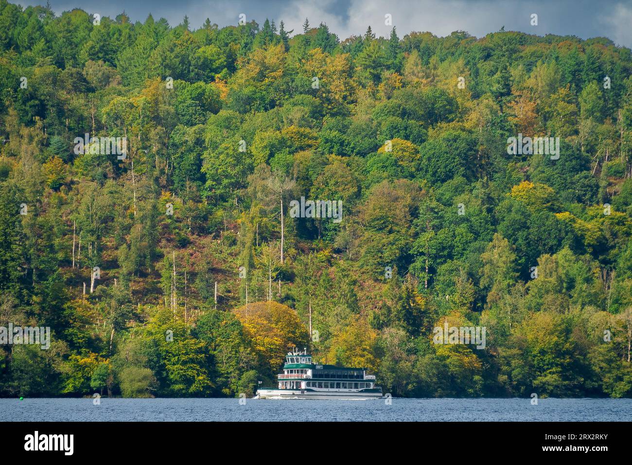 Windermere Steamer bateau de plaisance le Swift navigue le long du lac Windermere par les rives boisées. Banque D'Images