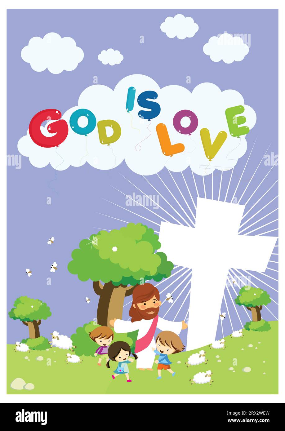 Dieu est Amour Typographie - illustration de Jésus jouant avec les enfants dans le jardin Illustration de Vecteur