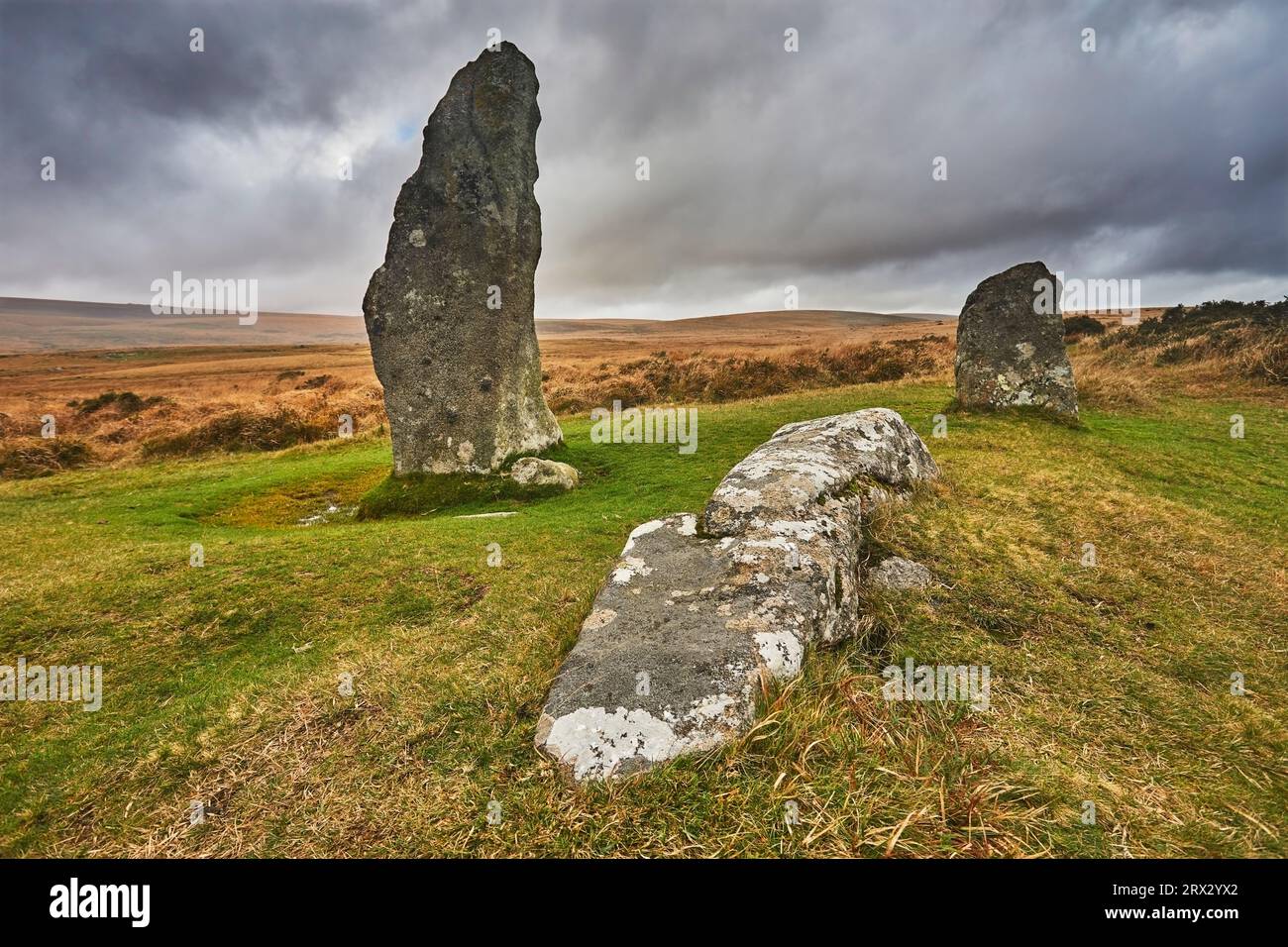 Scorhill Stone Circle, pierres anciennes dans un cercle de pierre préhistorique, sur la lande ouverte, Scorhill Down, près de Chagford, Dartmoor National Park, Devon Banque D'Images