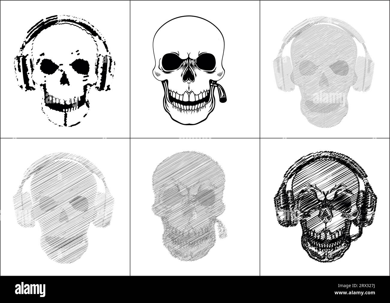 Ensemble d'un crâne humain graphique blanc avec des yeux noirs, cigarette et écouteur Illustration de Vecteur
