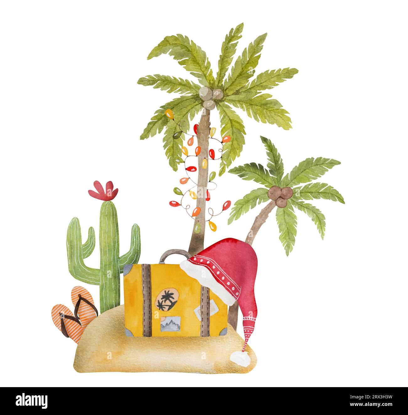Caraïbes Joyeux Noël peinture aquarelle avec palmiers arbre de Noël, cactus et chapeau de Santa. Carte postale du nouvel an à Tropical Beach Banque D'Images