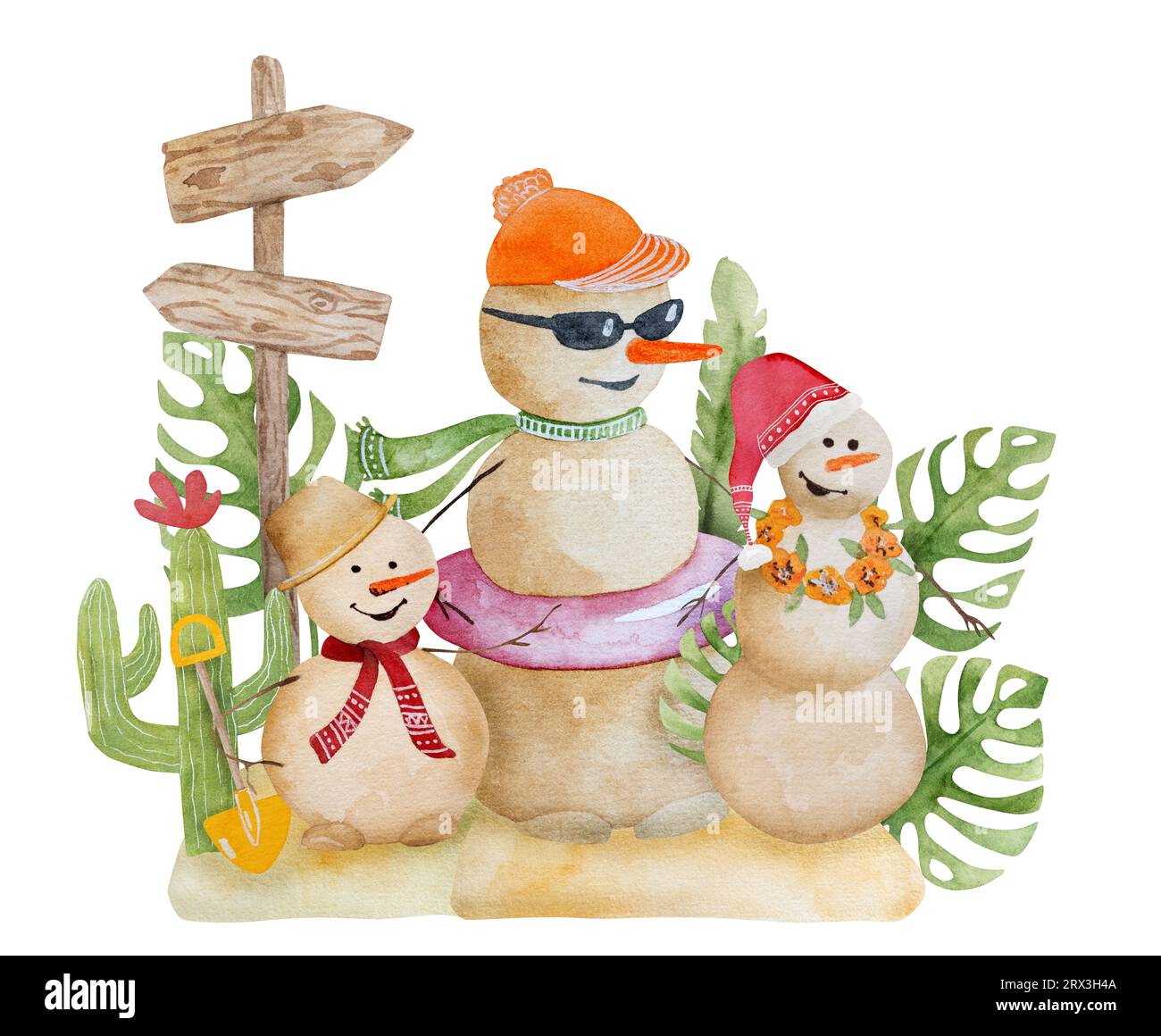 Peinture aquarelle joyeuse de noël des Caraïbes avec des bonhommes de neige drôles et des cactus festifs du Mexique. Carte postale du nouvel an sur la plage tropicale Banque D'Images