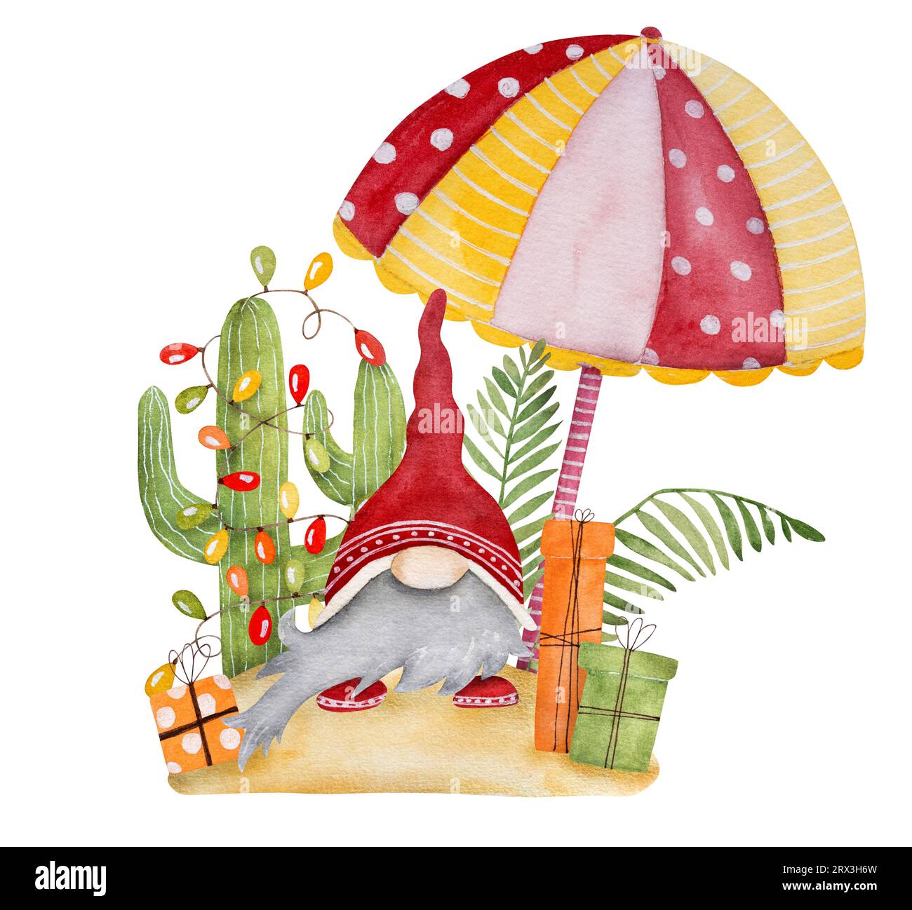Peinture aquarelle joyeuse de noël des Caraïbes avec nain drôle, parasol et cactus festifs du Mexique. Carte postale tropicale du nouvel an avec gnome Banque D'Images