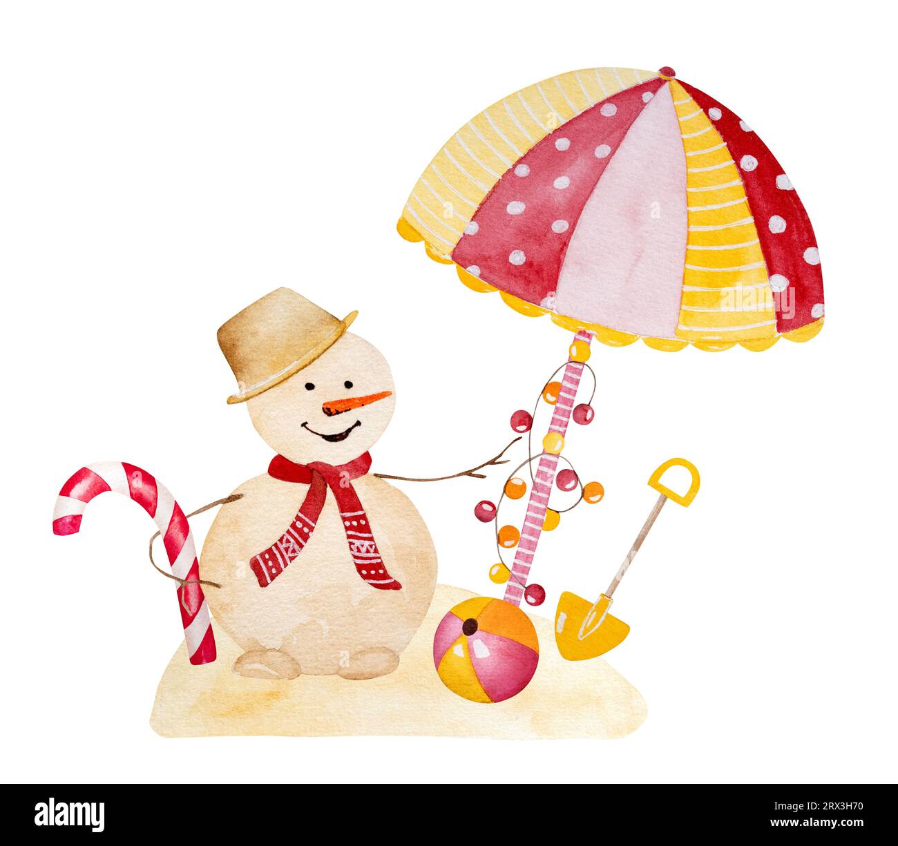 Peinture aquarelle joyeuse de noël des Caraïbes avec bonhomme de neige drôle, parasol et décoration festive. Carte postale tropicale du nouvel an avec gnome Banque D'Images