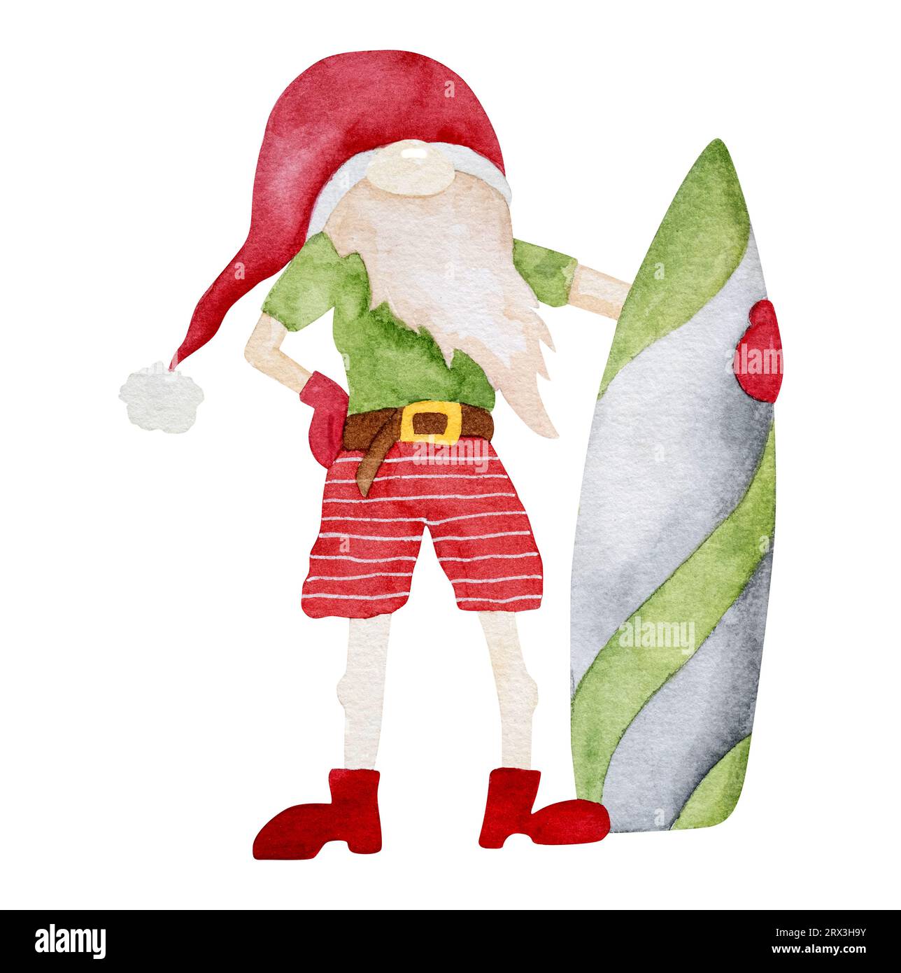 Joyeux noël des Caraïbes nain dans la peinture à l'aquarelle du chapeau de santa. Carte postale tropicale du nouvel an avec des gnomes de Noël drôles Banque D'Images