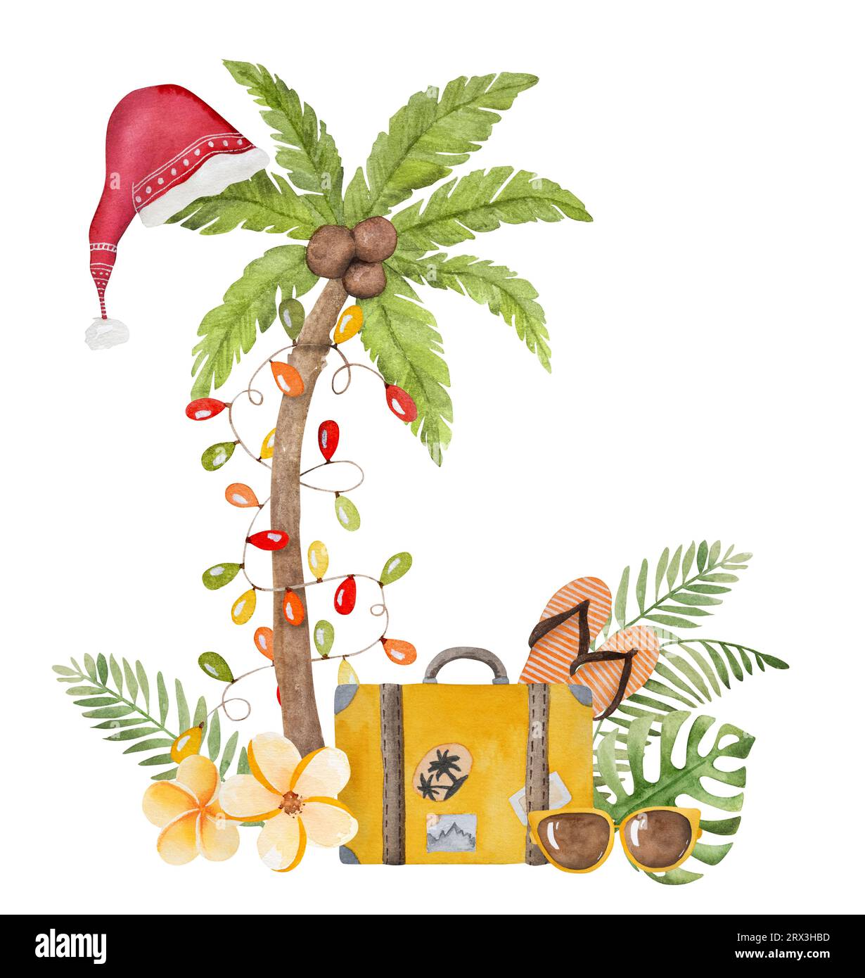Peinture aquarelle joyeuse de noël des Caraïbes avec palmiers arbre de Noël, cactus et chapeau de santa. Carte postale du nouvel an sur la plage tropicale Banque D'Images
