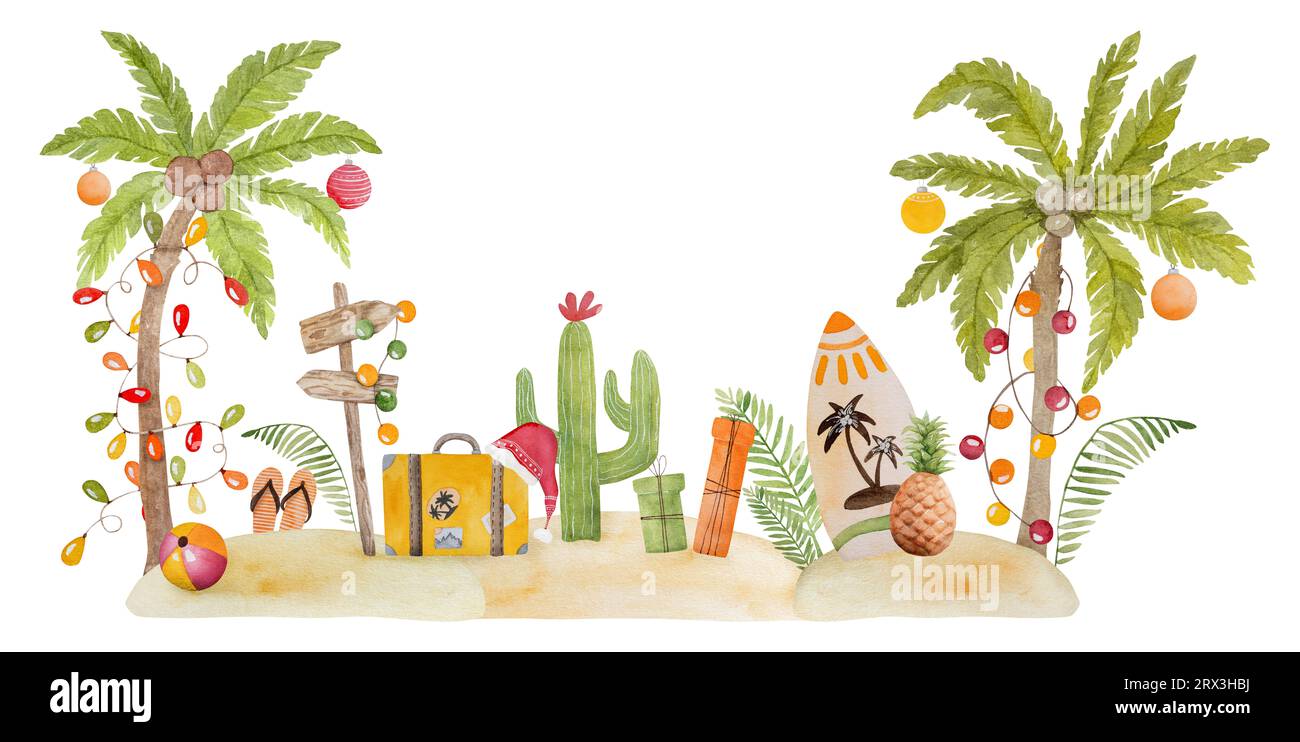 Peinture aquarelle joyeuse de noël des Caraïbes avec palmier de Noël, cactus et planche de surf dans le sable. Carte postale du nouvel an sur la plage tropicale Banque D'Images
