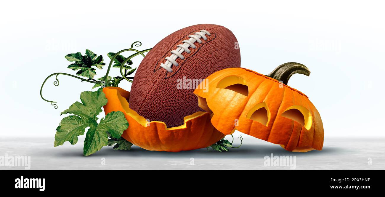 Saison de football d'automne et Thanksgiving sports comme un sport américain pendant la saison d'automne ou le field goal et touchdown avec Halloween citrouille sculptée Banque D'Images
