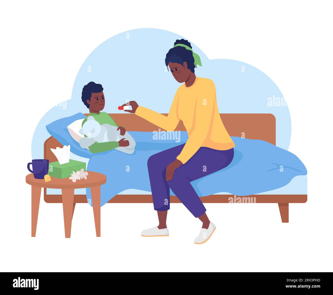 Mère afro-américaine donnant la médecine à l'illustration plate de dessin animé d'enfant Illustration de Vecteur