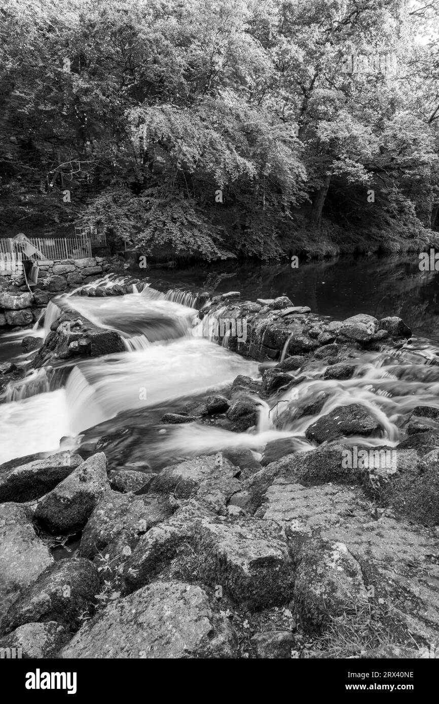 Longue exposition de la rivière Teign qui coule à travers le déversoir du château de Drogo dans le parc national de Dartmoor Banque D'Images
