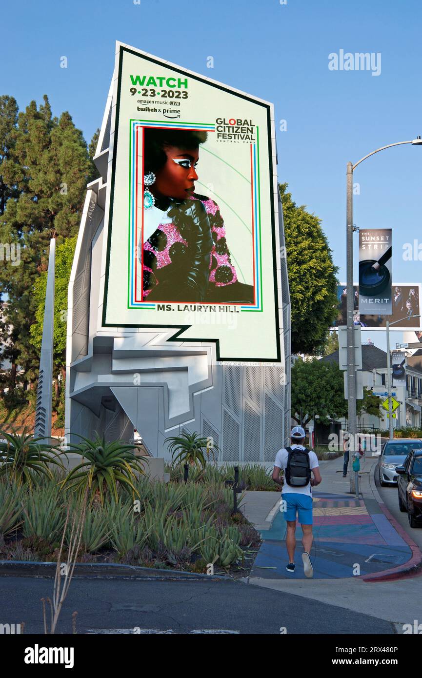 Lauryn Hill sur le panneau d'affichage numérique pour le Global Citizen Festival sur le Sunset Strip, Loa Angeles, CA, Banque D'Images