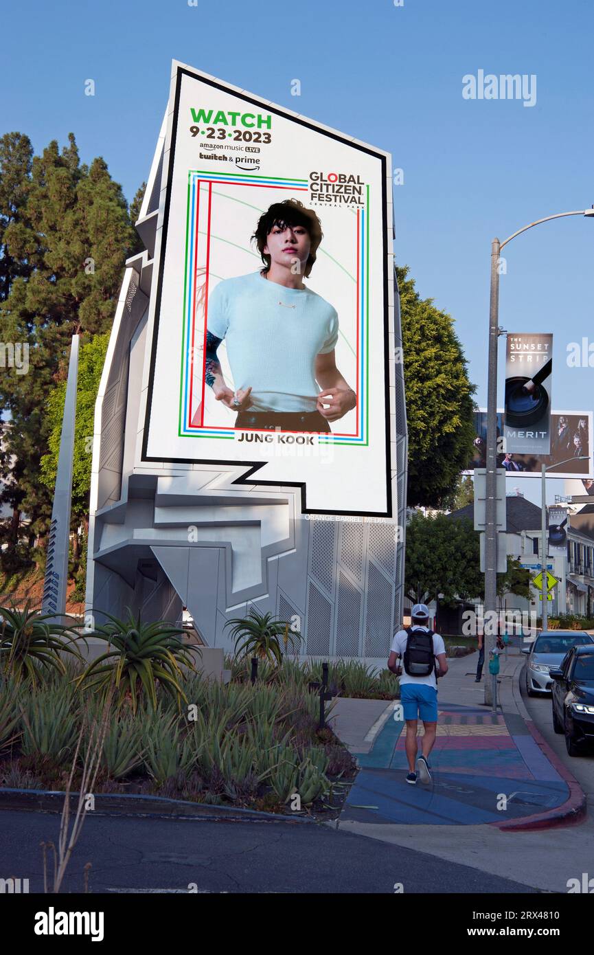 Jung Kook sur le panneau d'affichage numérique pour le Global Citizen Festival sur le Sunset Strip, Loa Angeles, CA, Banque D'Images